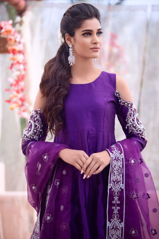 Purple raw silk womens pret for weddings 